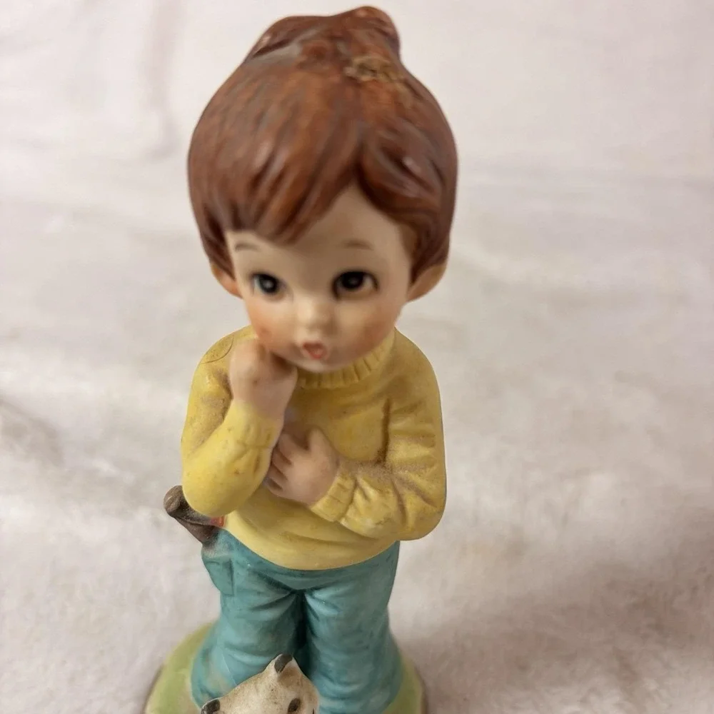 Vintage 80s Porcelain Boy Figurine Slingshot Cat As-Is / Missing Bird on Head